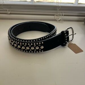 Black Studded Leather Cowhide Belt - 30